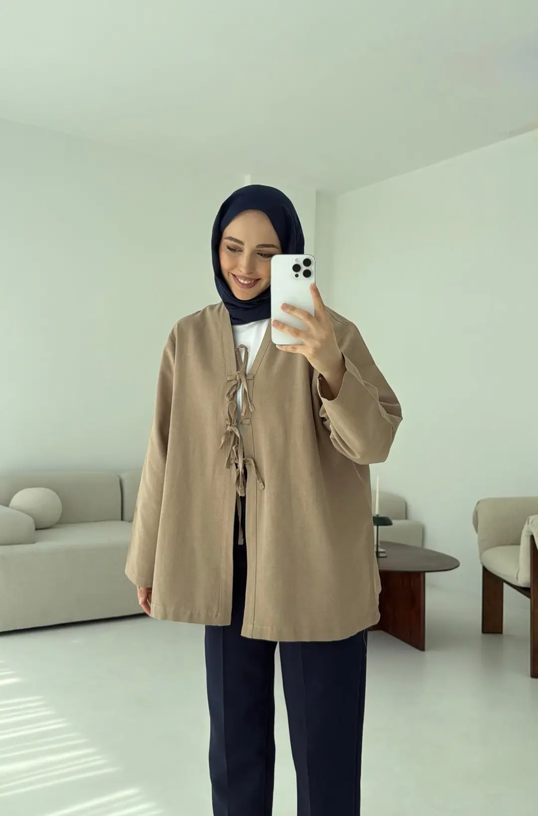 Keten Üç Bağlamalı Kimono Vizon - Görsel 2