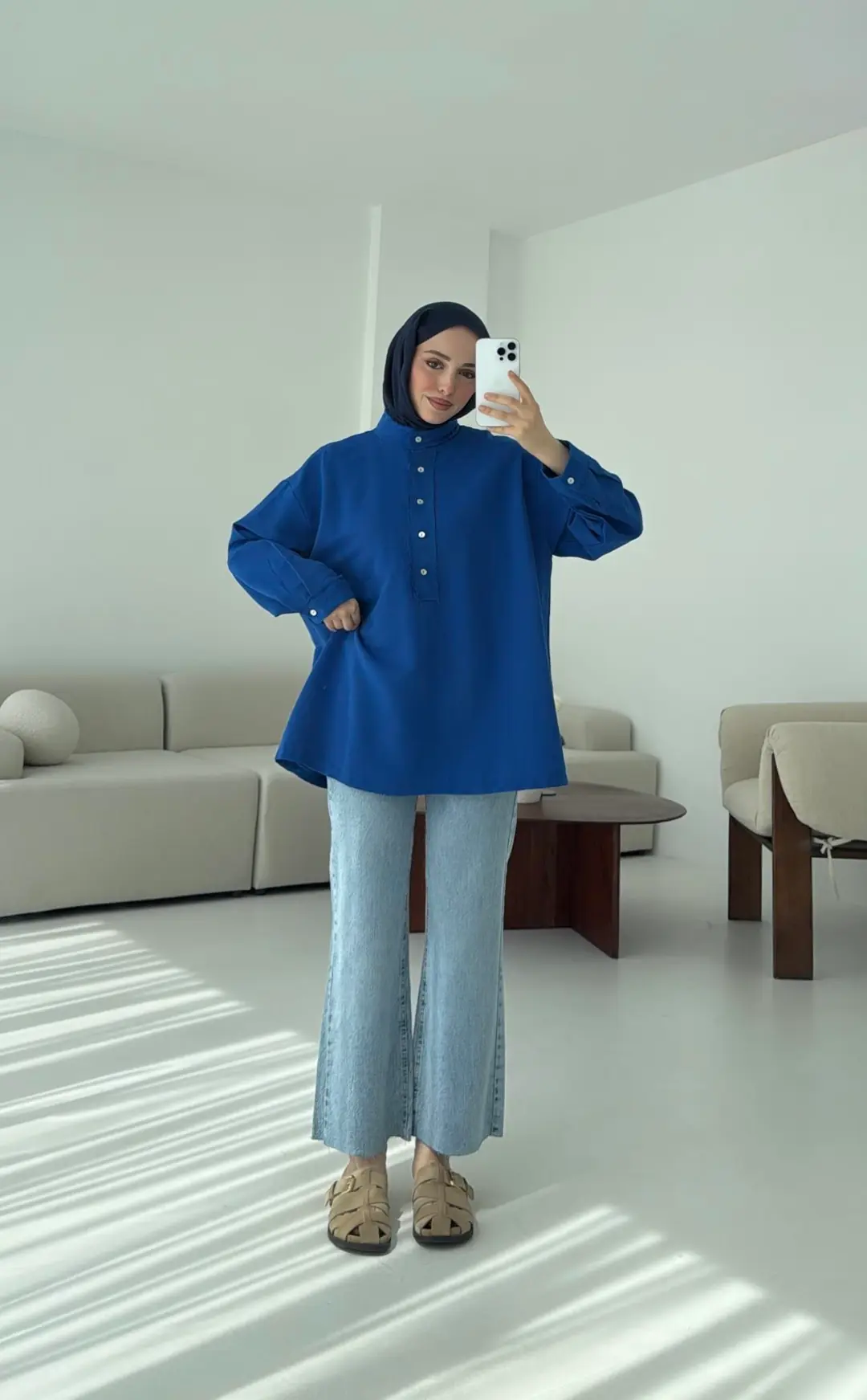 Keten Yarım Dügmeli Gömlek Mavi