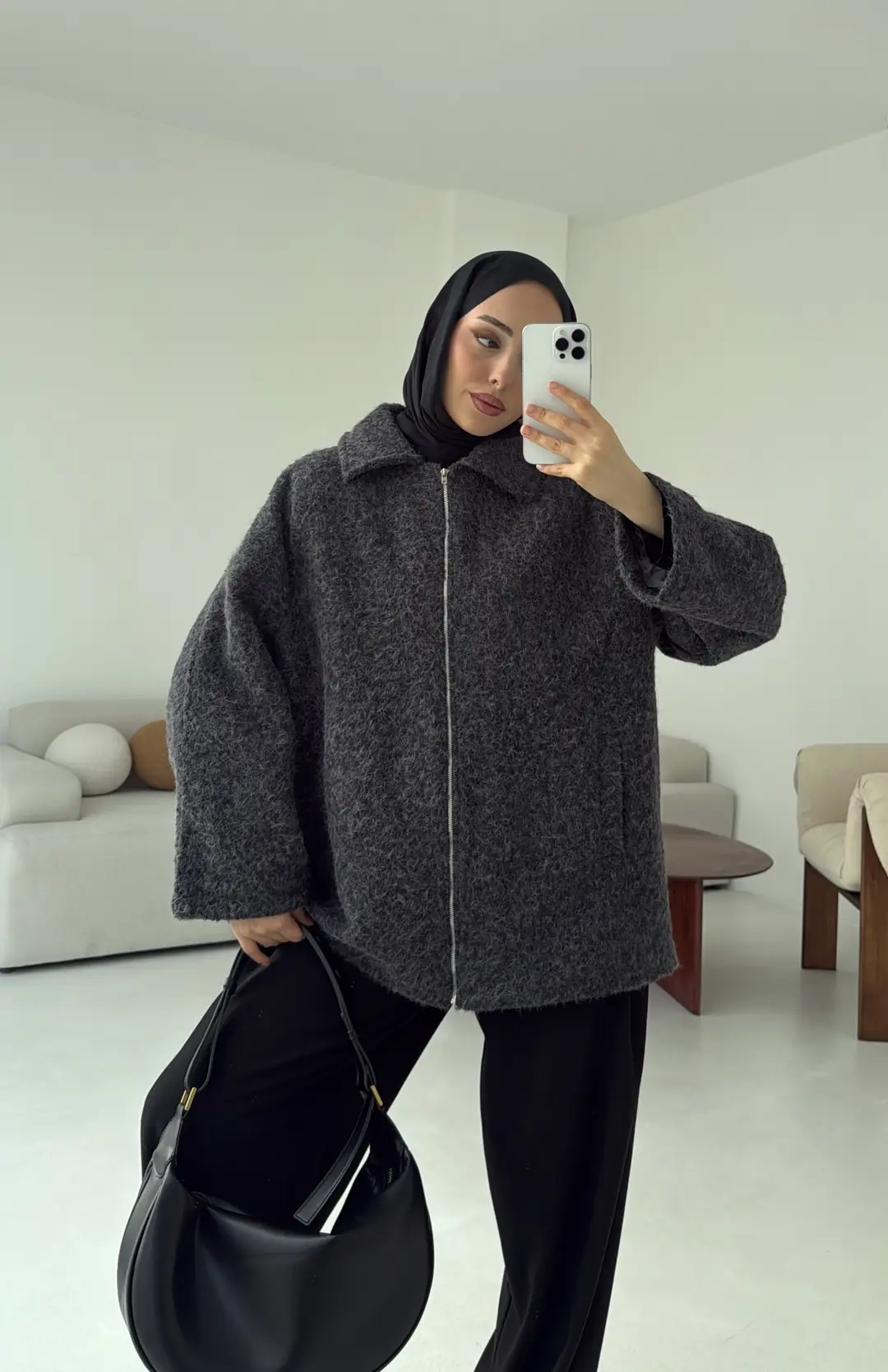 Kırçıllı Fermuarlı Kaban Antrasit - Görsel 3