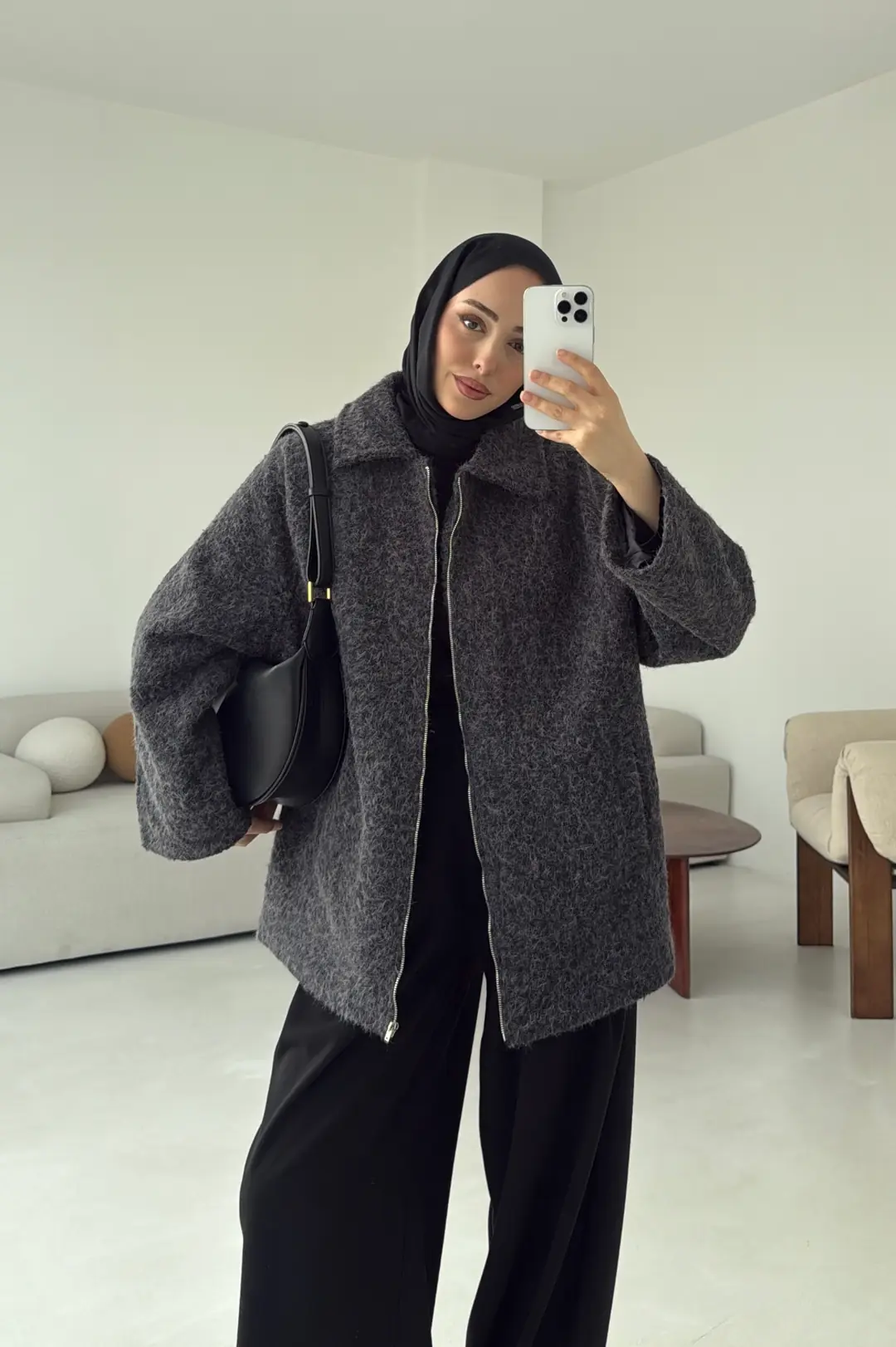 Kırçıllı Fermuarlı Kaban Antrasit - Görsel 7