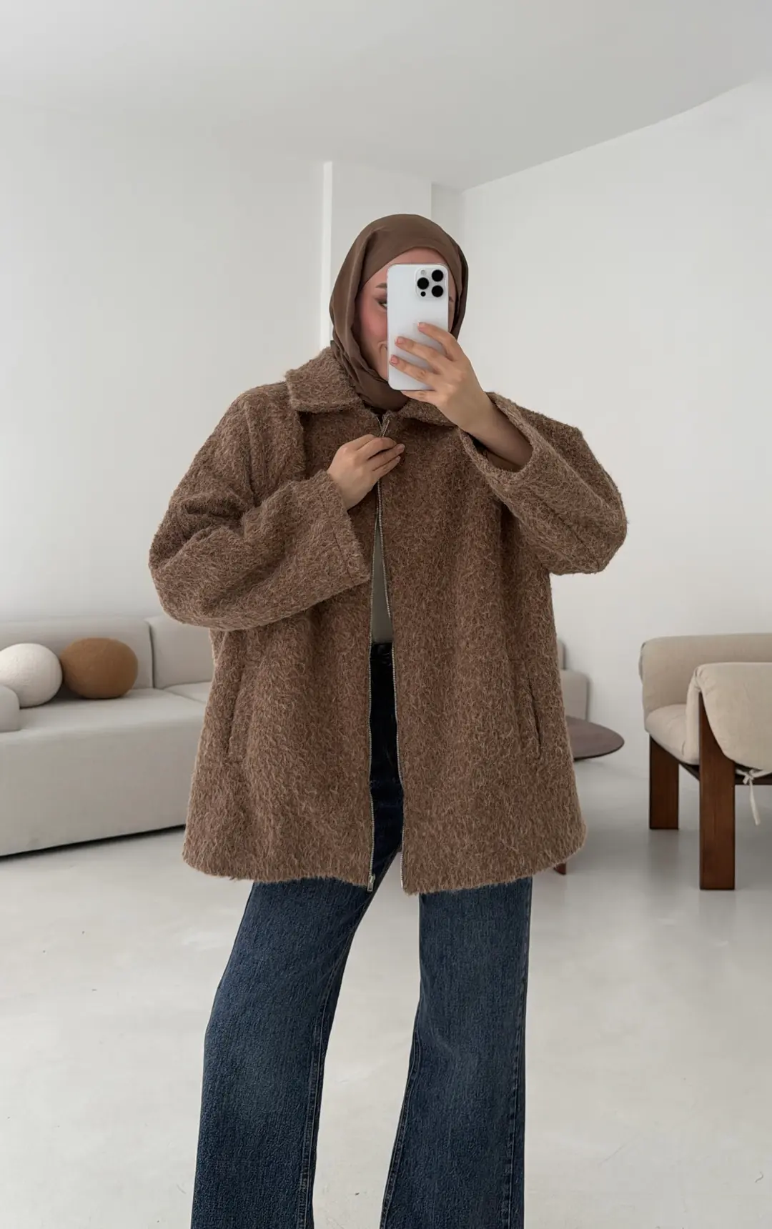 Kırçıllı Fermuarlı Kaban Kahve - Görsel 2