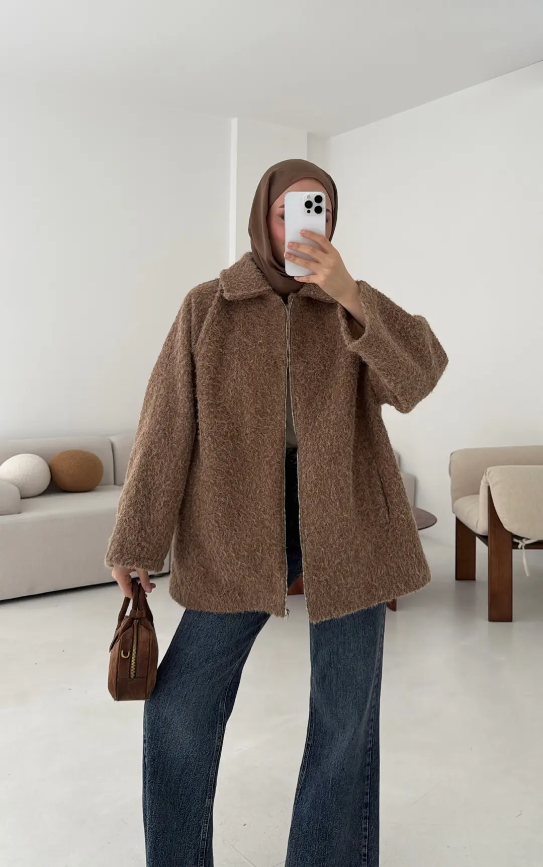 Kırçıllı Fermuarlı Kaban Kahve - Görsel 4