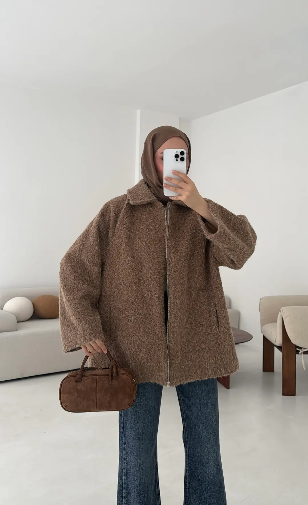 Kırçıllı Fermuarlı Kaban Kahve - Görsel 9