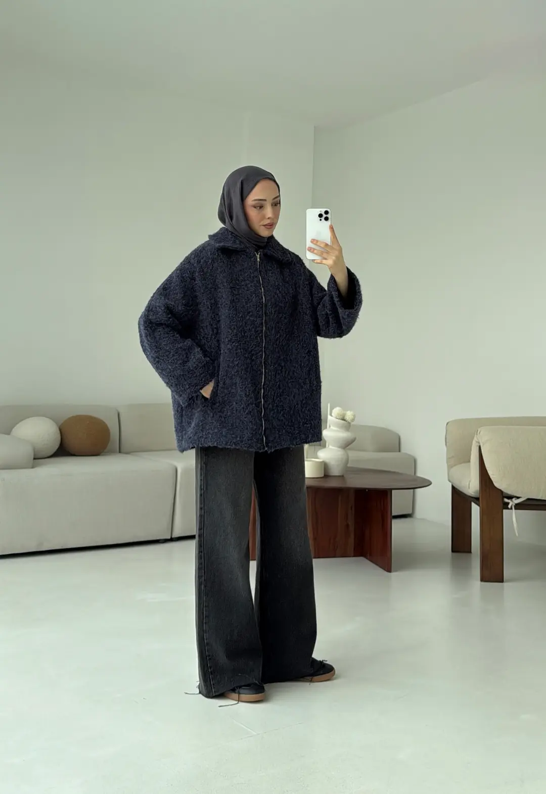 Kırçıllı Fermuarlı Kaban Lacivert - Görsel 2