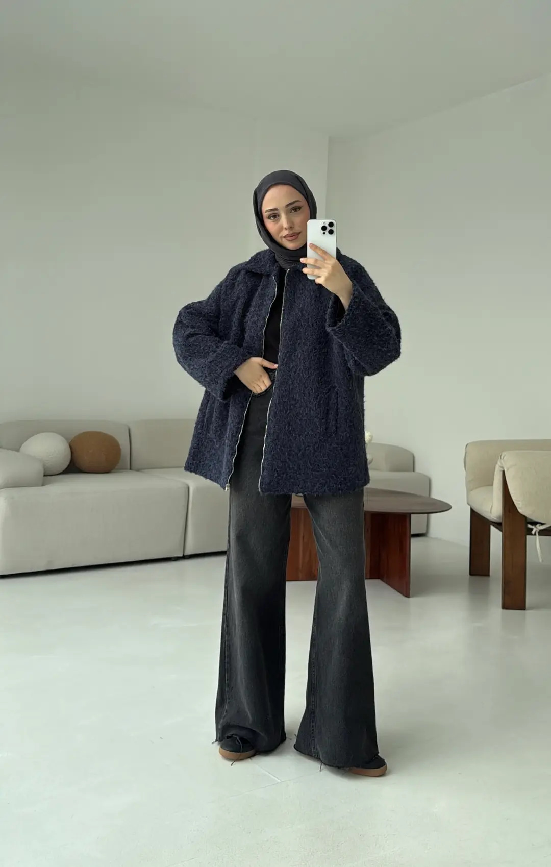 Kırçıllı Fermuarlı Kaban Lacivert - Görsel 4