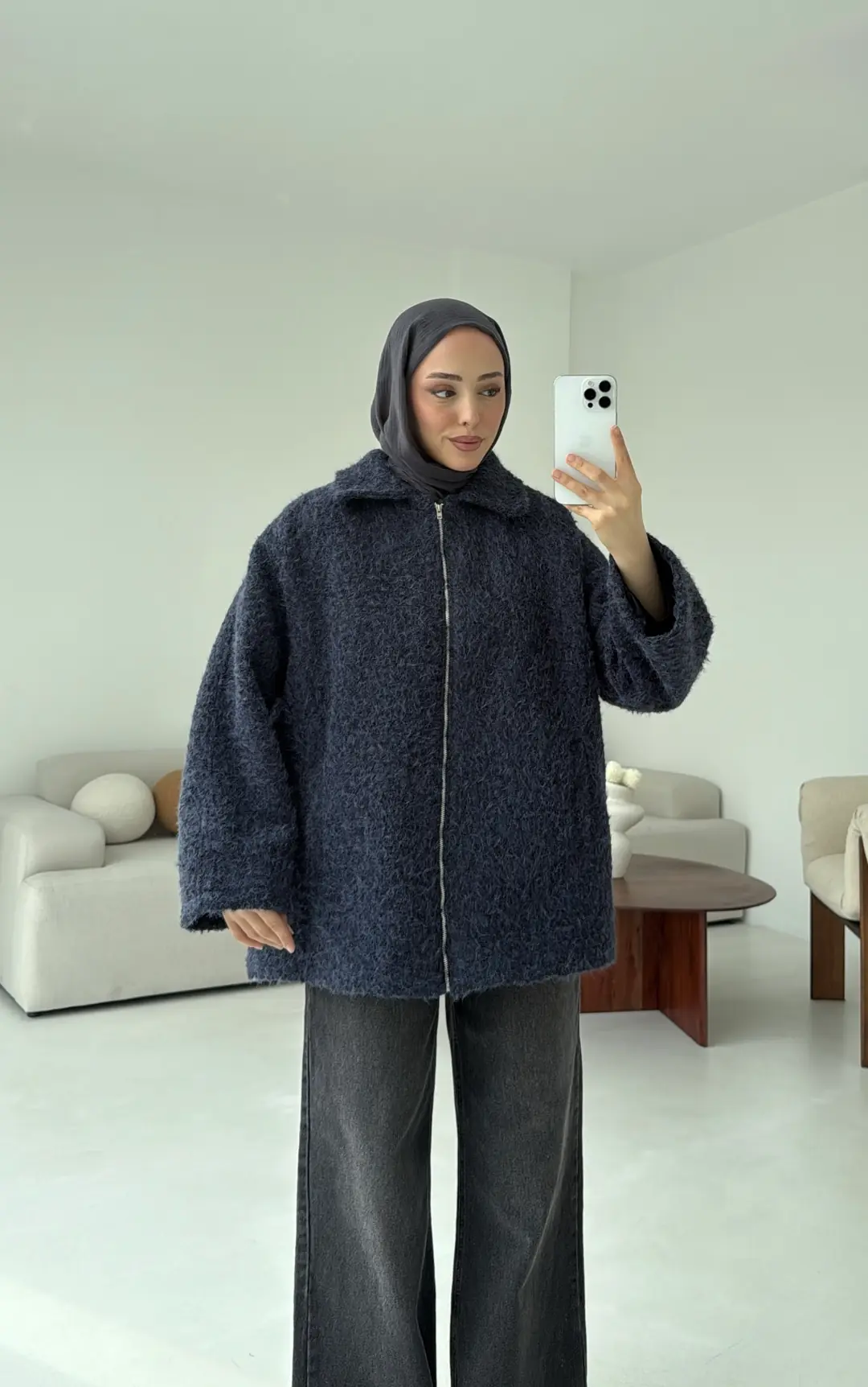 Kırçıllı Fermuarlı Kaban Lacivert - Görsel 6