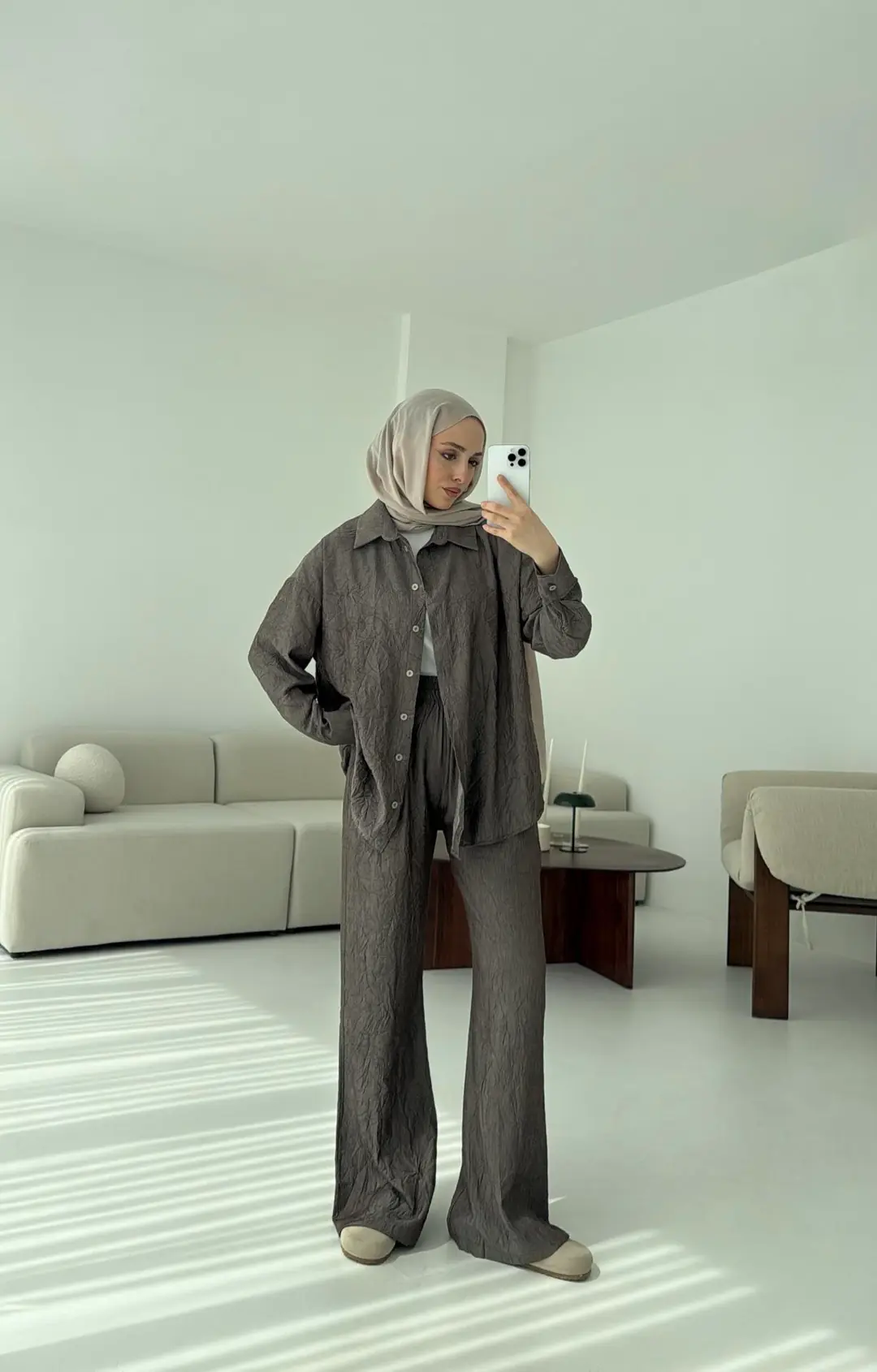 Kırışık Kumaş Takım Kahve