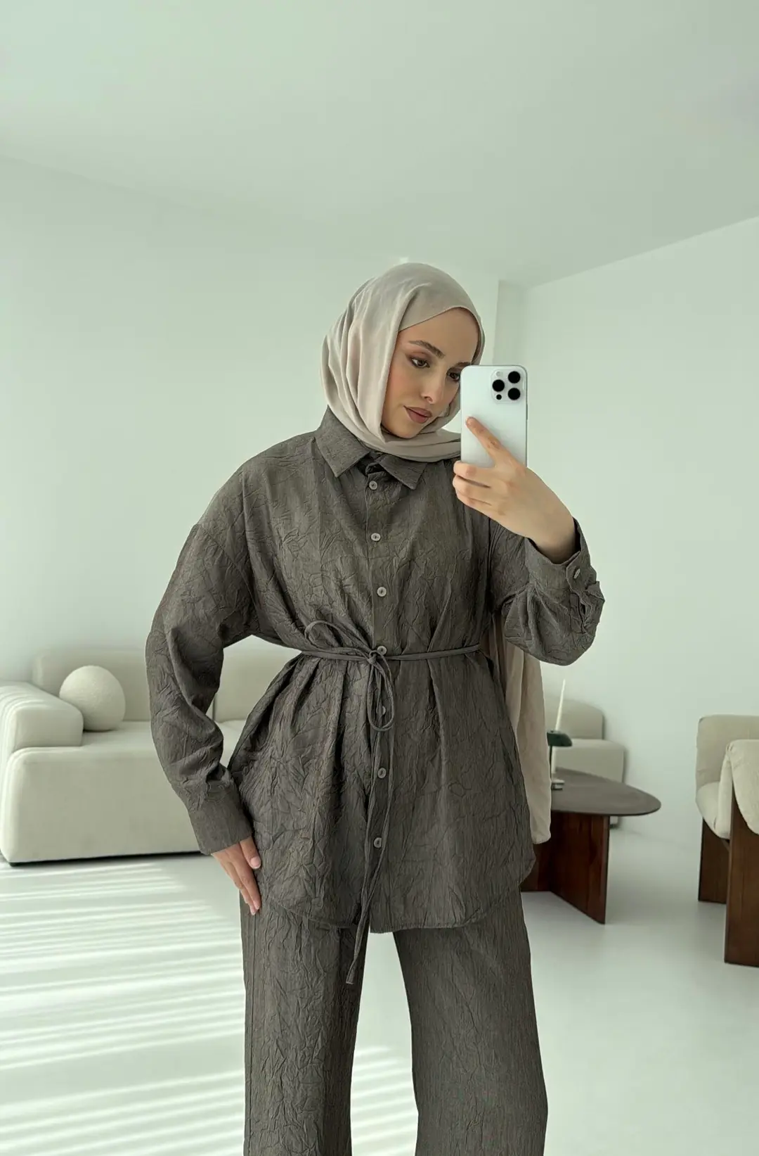 Kırışık Kumaş Takım Kahve - Görsel 2