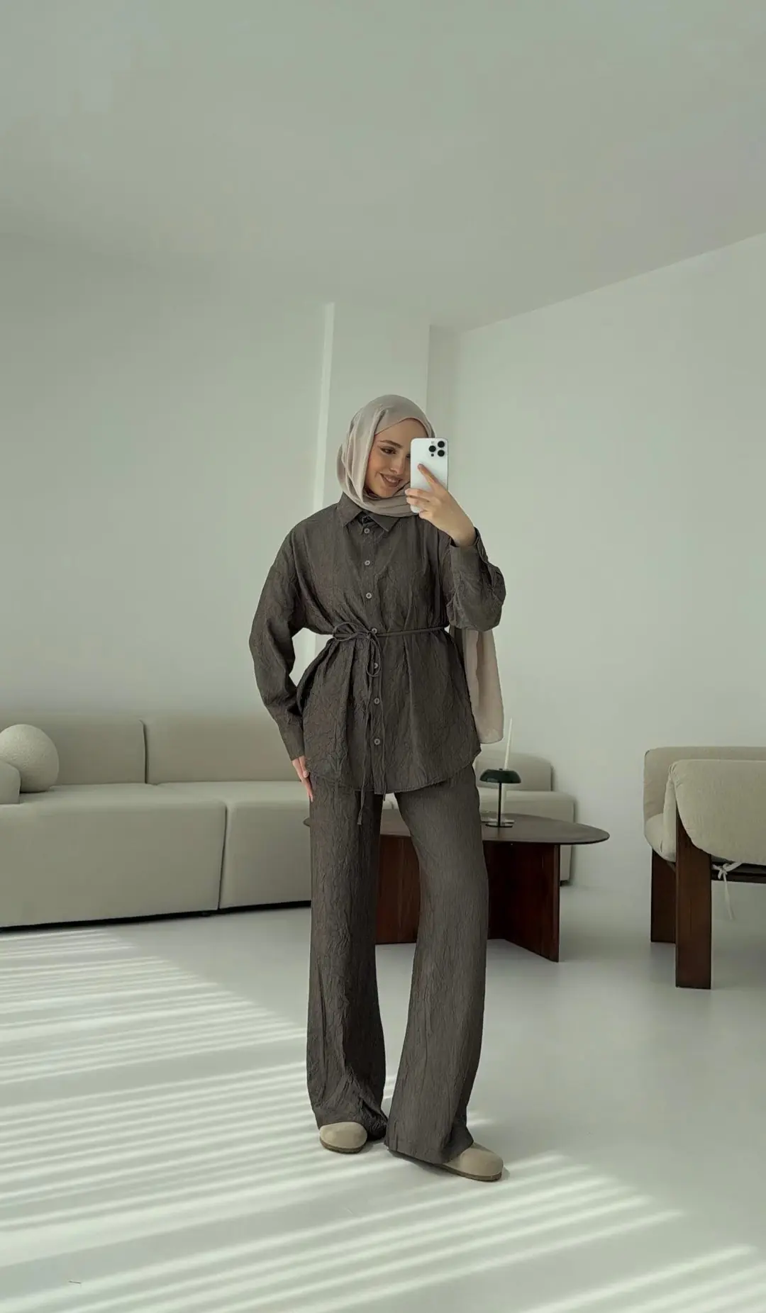 Kırışık Kumaş Takım Kahve - Görsel 4