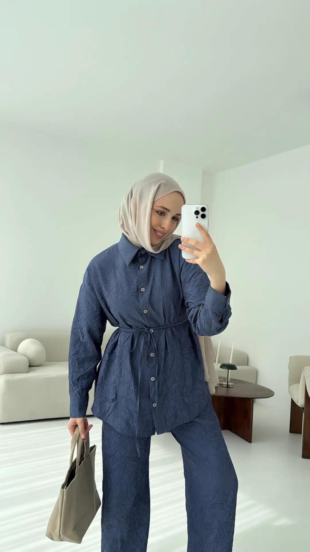 Kırışık Kumaş Takım Lacivert