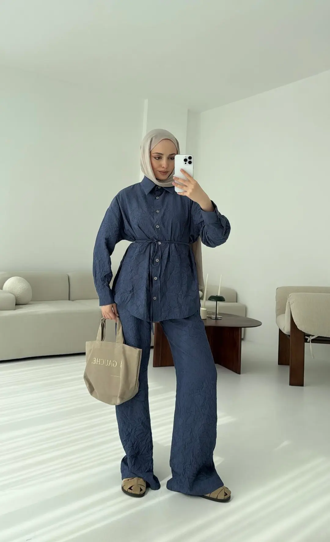 Kırışık Kumaş Takım Lacivert - Görsel 5