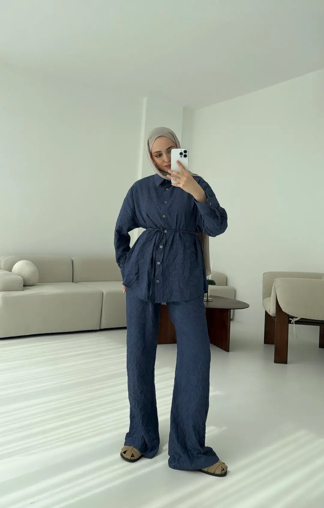 Kırışık Kumaş Takım Lacivert - Görsel 6