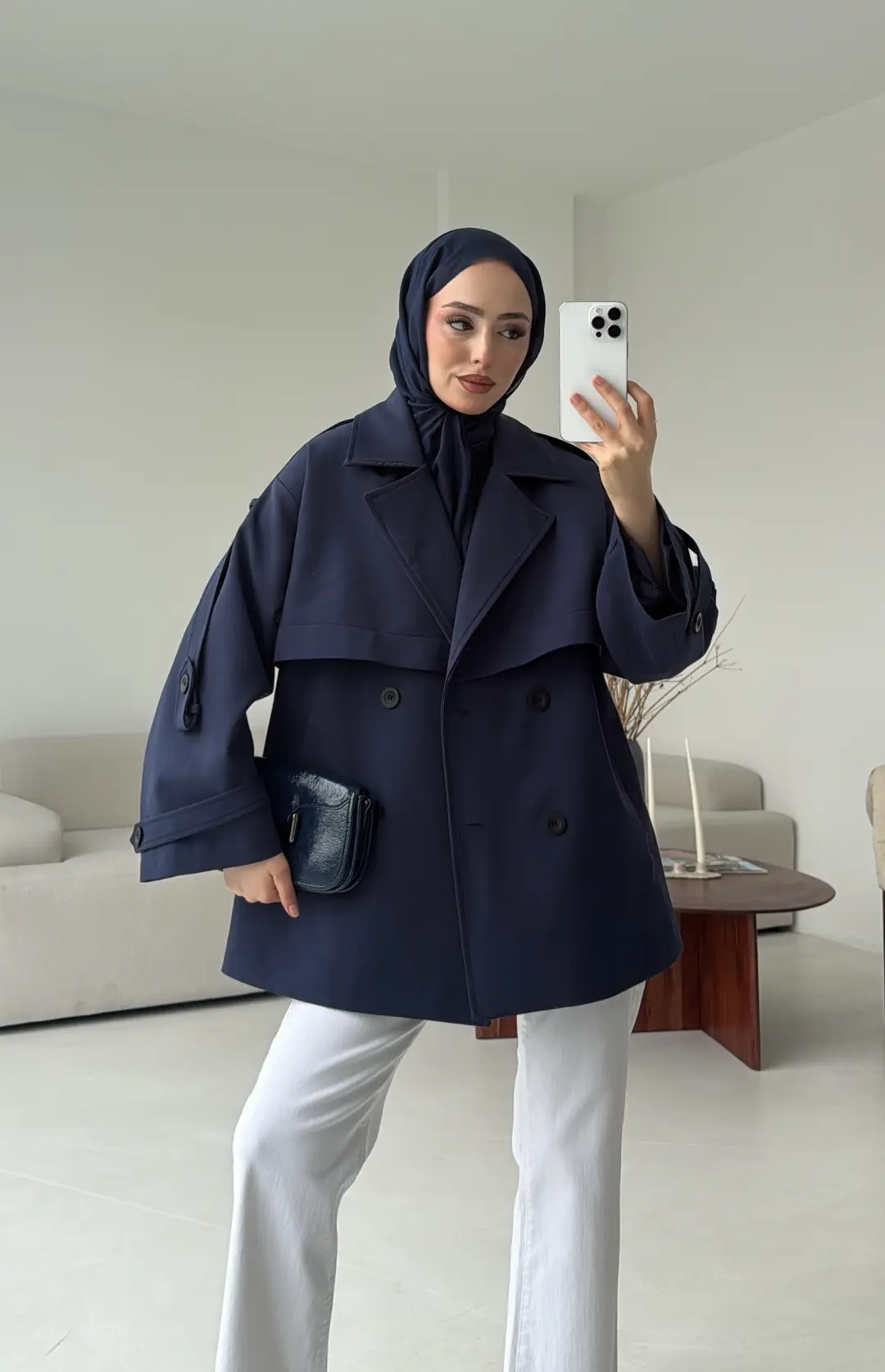 Kısa Trenç Lacivert - Görsel 5