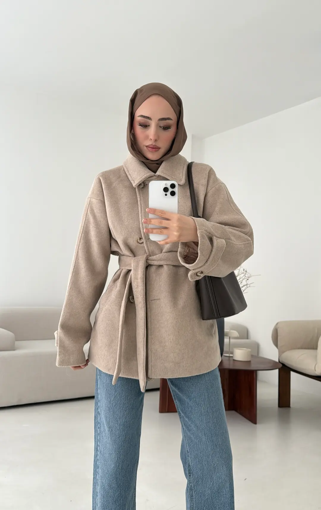 Kol Apoletli Kaşe Kaban Bej - Görsel 2