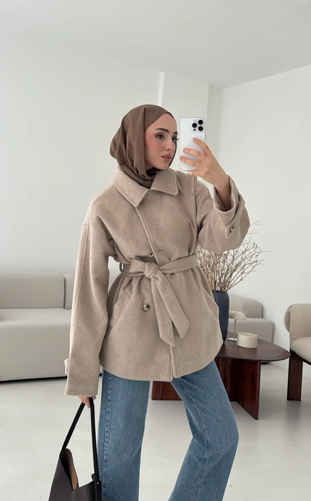 Kol Apoletli Kaşe Kaban Bej - Görsel 3