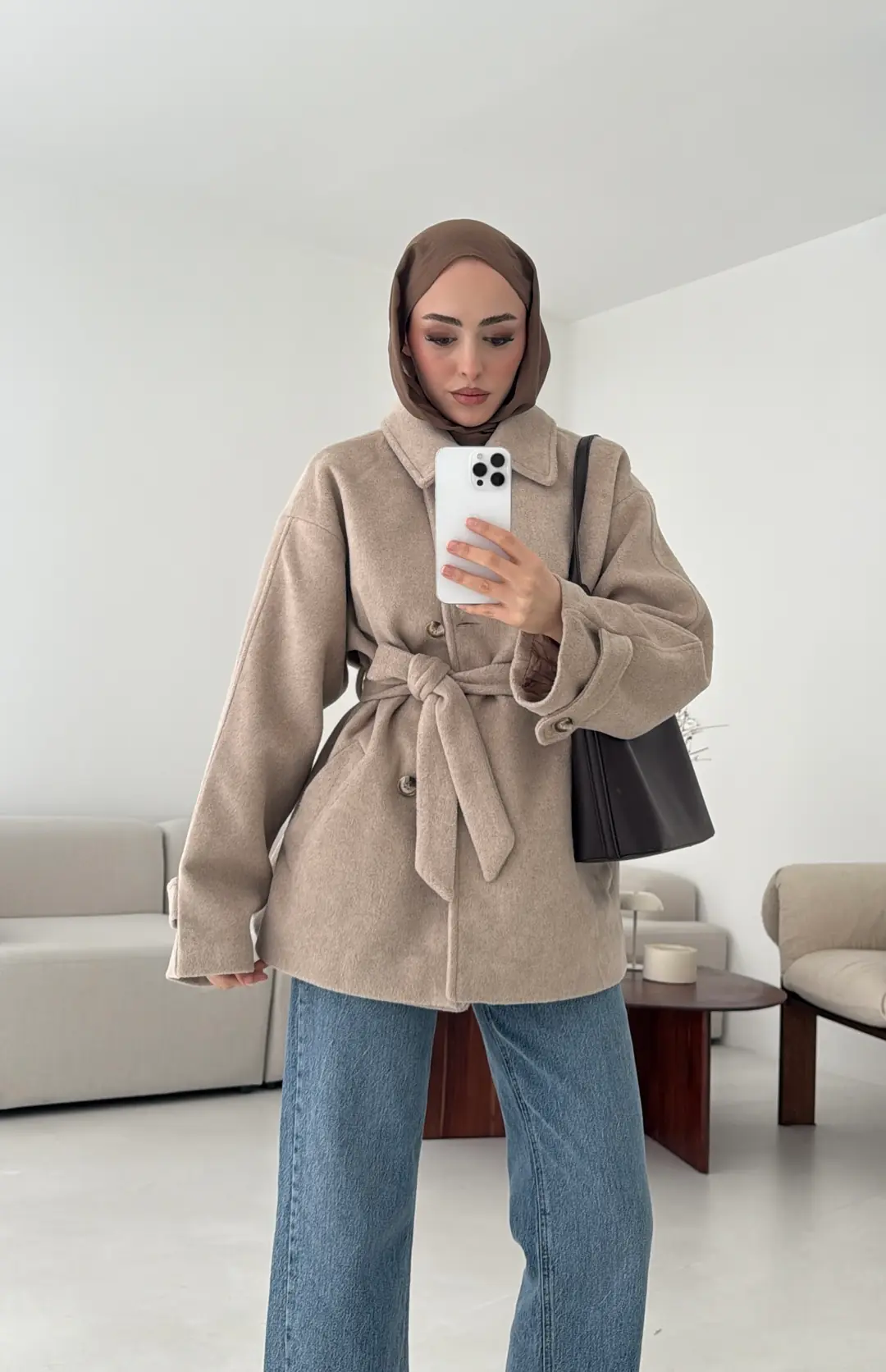 Kol Apoletli Kaşe Kaban Bej - Görsel 6