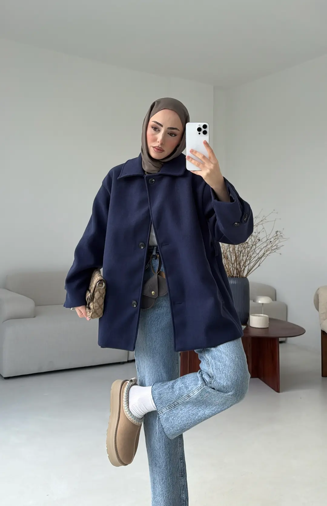 Kol Apoletli Kaşe Kaban Lacivert - Görsel 5