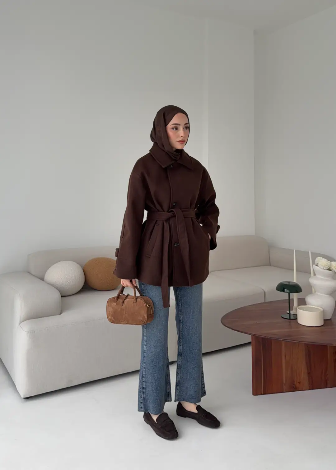 Kol Apoletli Kaşe Kaban Kahve - Görsel 2