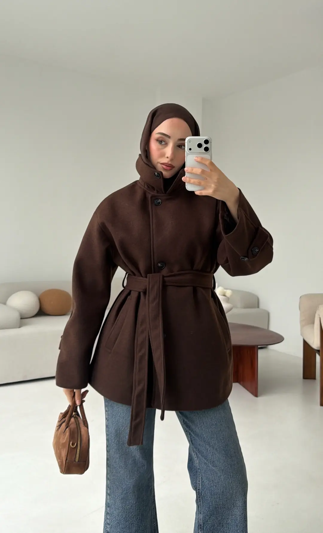 Kol Apoletli Kaşe Kaban Kahve - Görsel 3