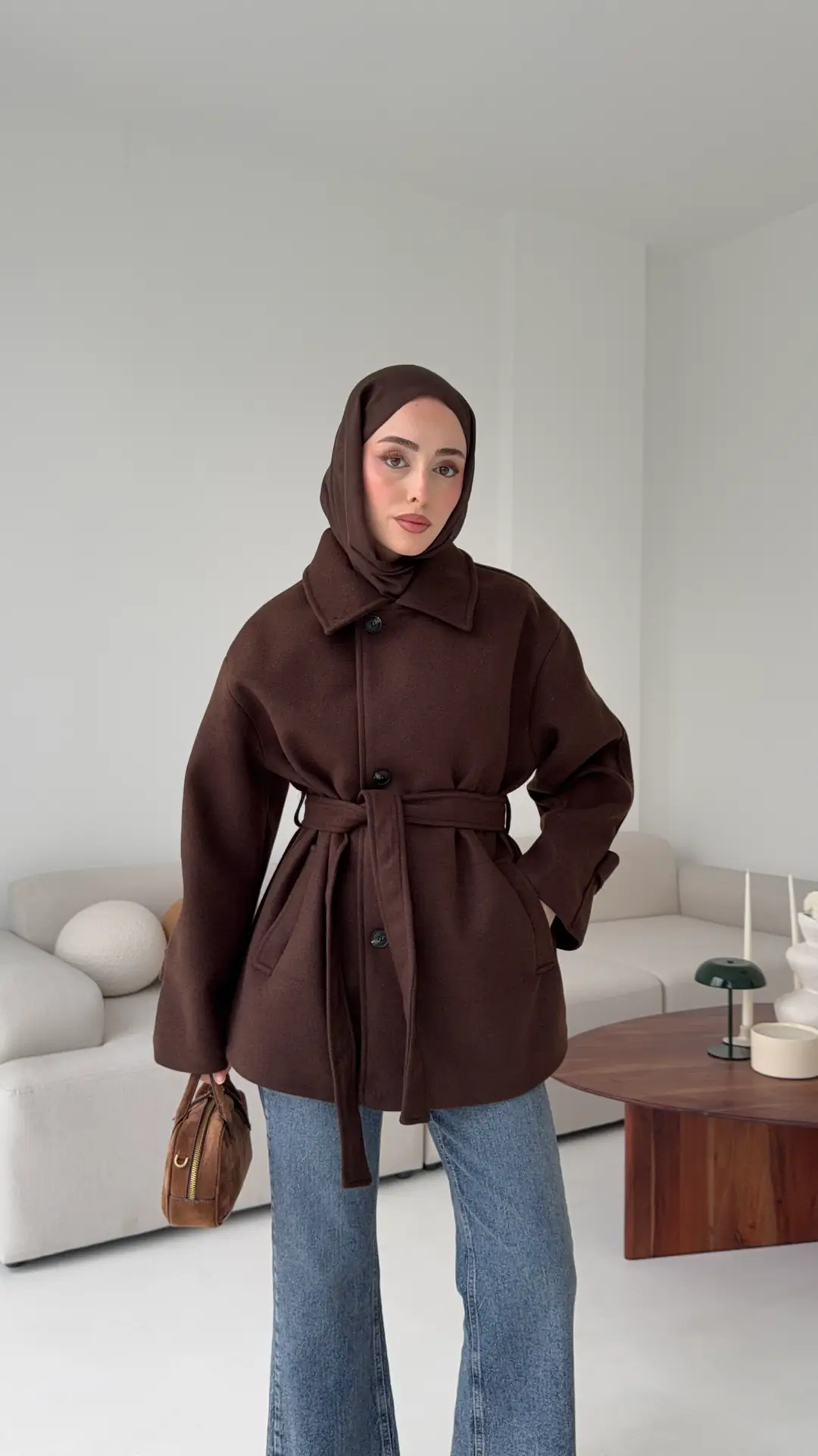 Kol Apoletli Kaşe Kaban Kahve - Görsel 5