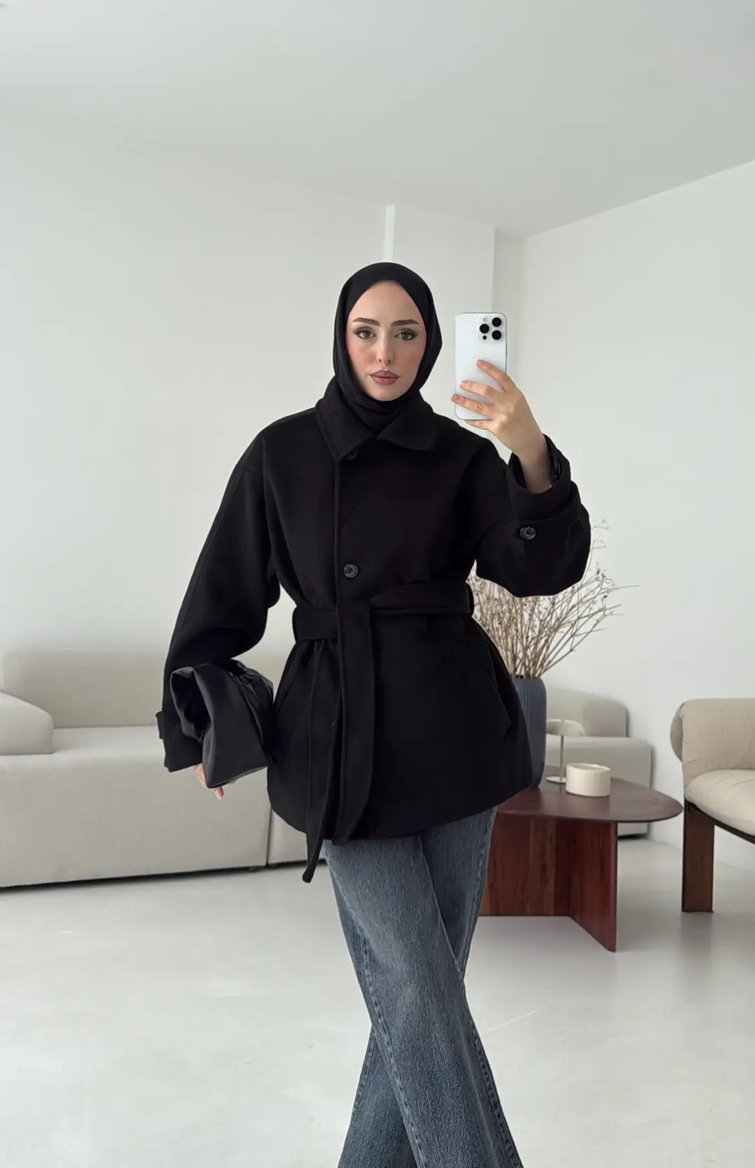 Kol Apoletli Kaşe Kaban Siyah - Görsel 3