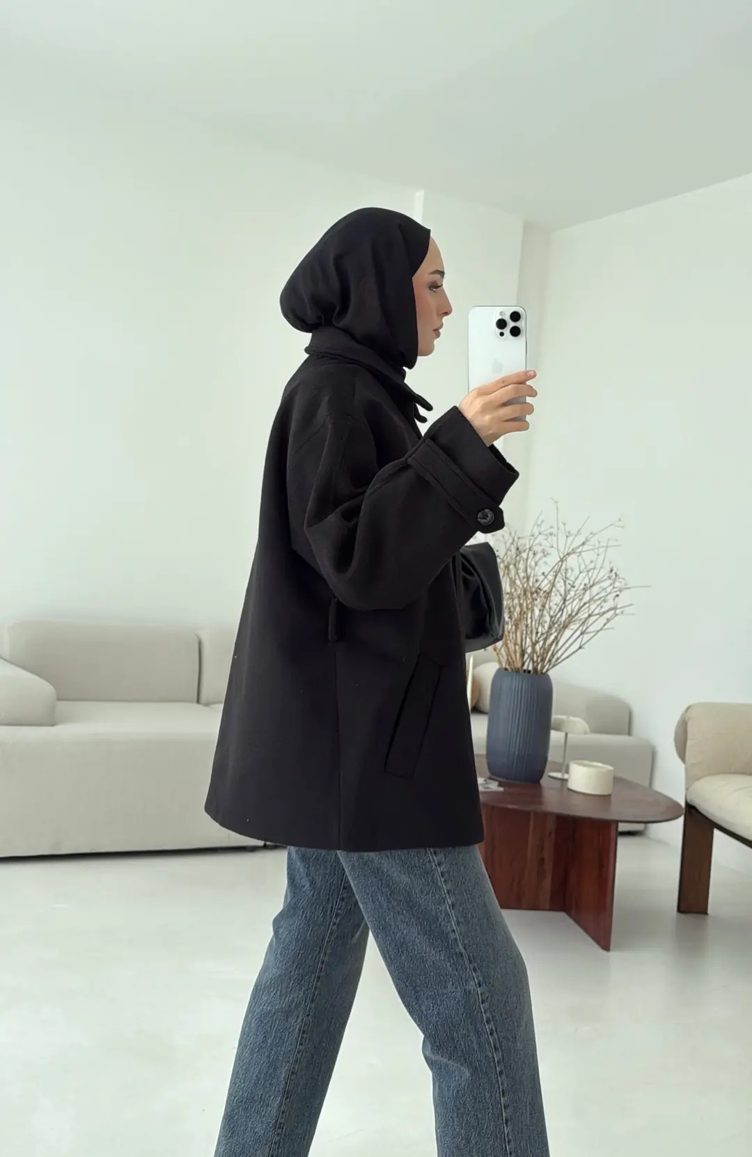 Kol Apoletli Kaşe Kaban Siyah - Görsel 5