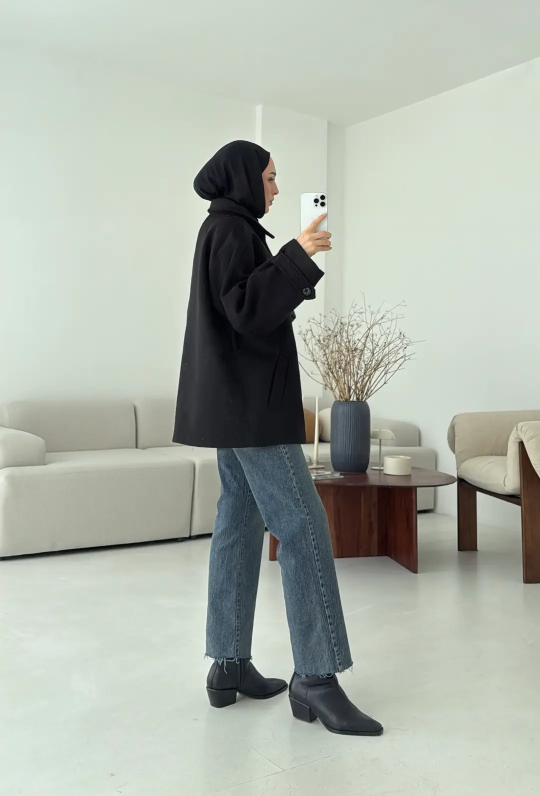 Kol Apoletli Kaşe Kaban Siyah - Görsel 6