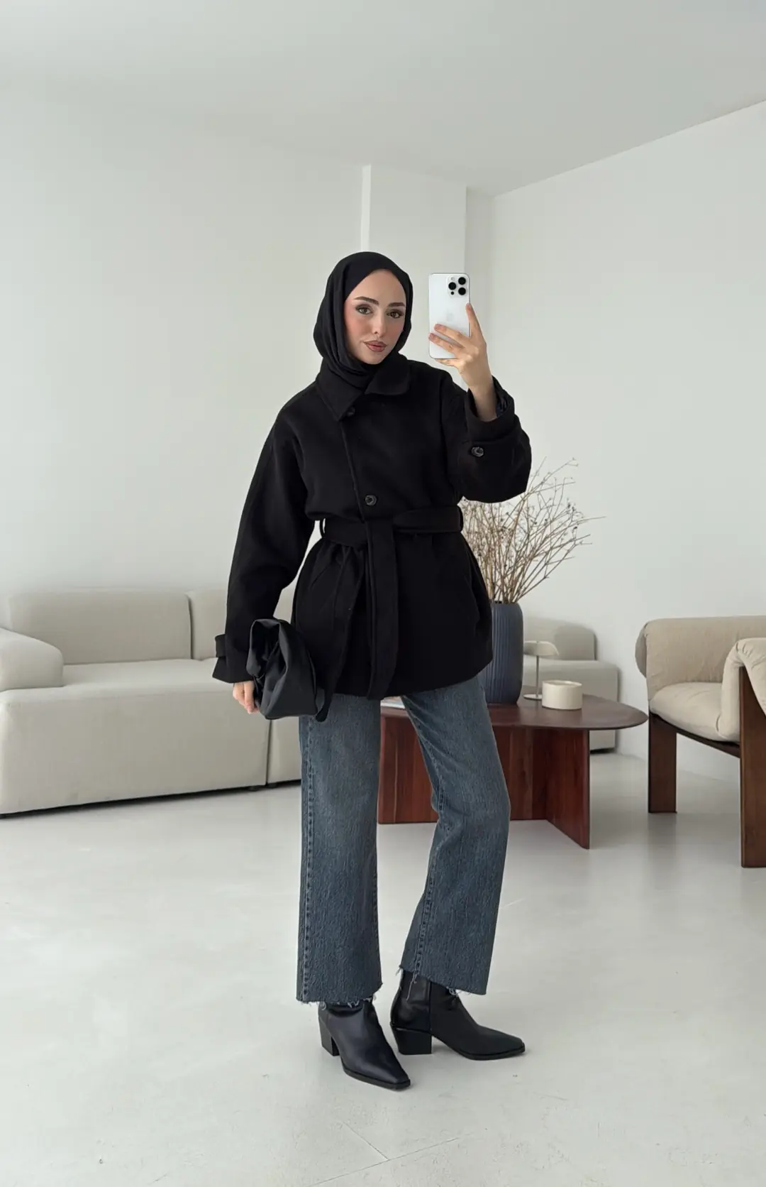 Kol Apoletli Kaşe Kaban Siyah - Görsel 7