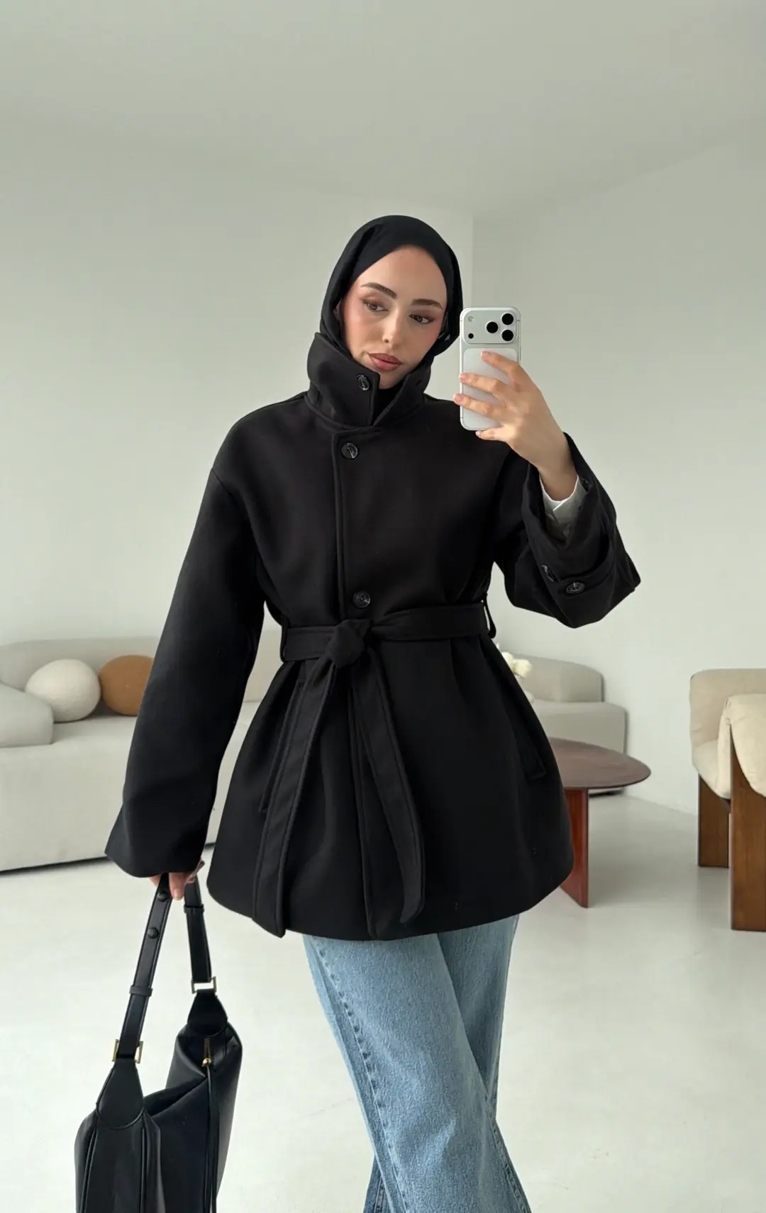 Kol Apoletli Kaşe Kaban Siyah - Görsel 2