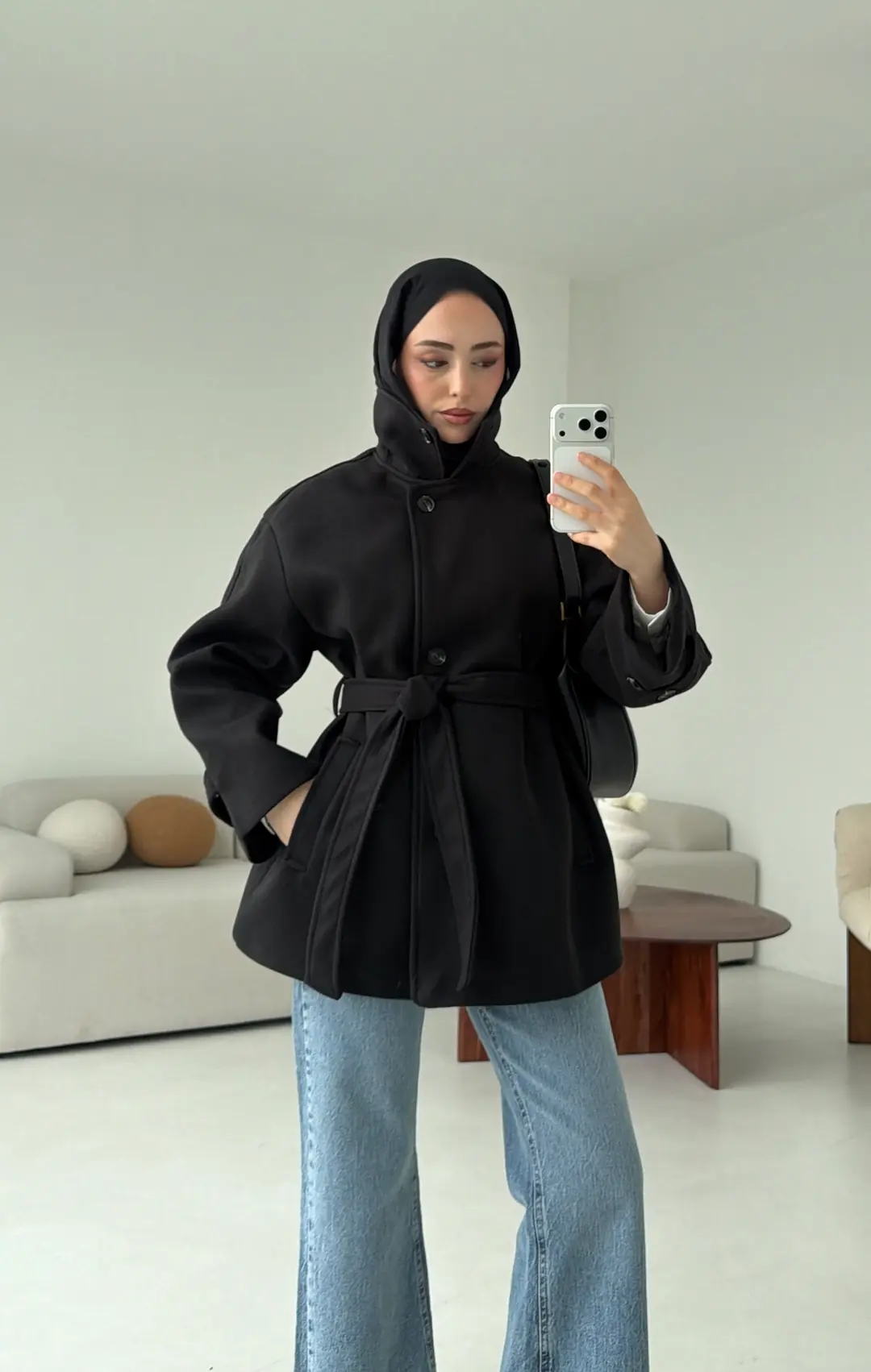 Kol Apoletli Kaşe Kaban Siyah - Görsel 4