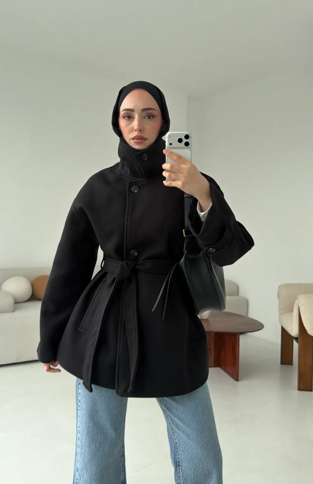 Kol Apoletli Kaşe Kaban Siyah - Görsel 8