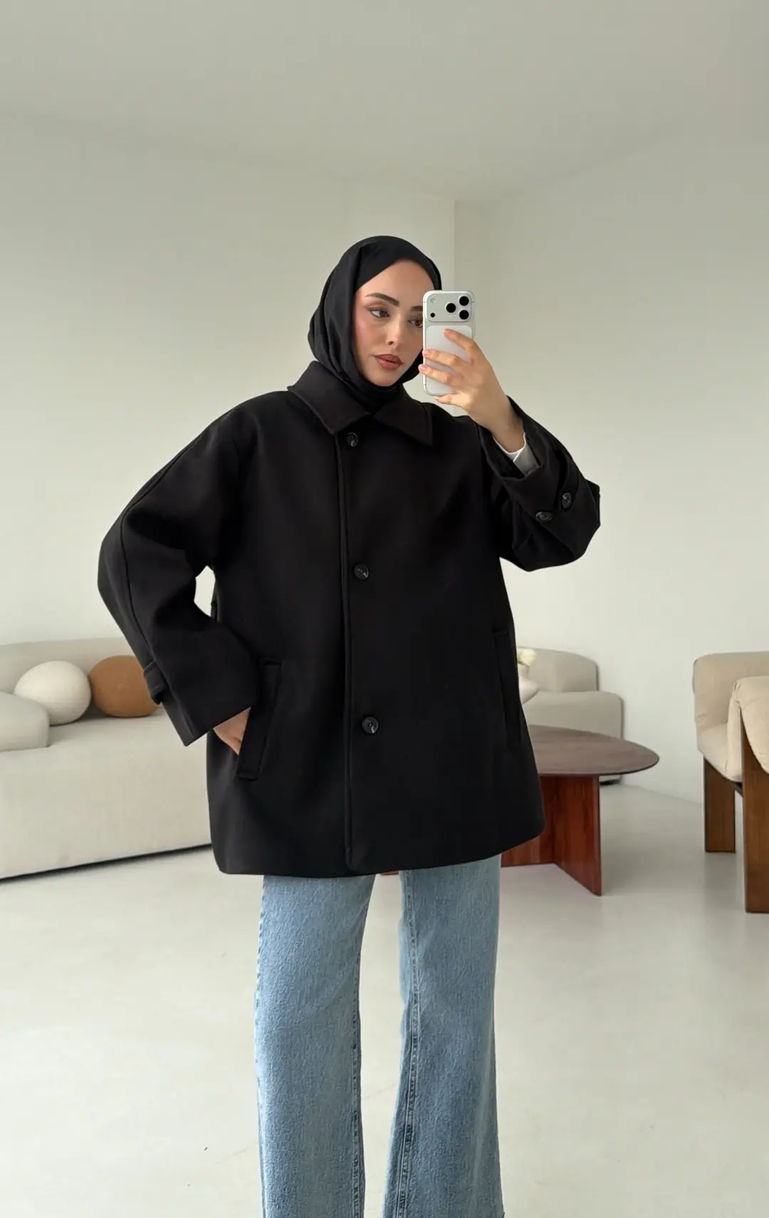 Kol Apoletli Kaşe Kaban Siyah - Görsel 9