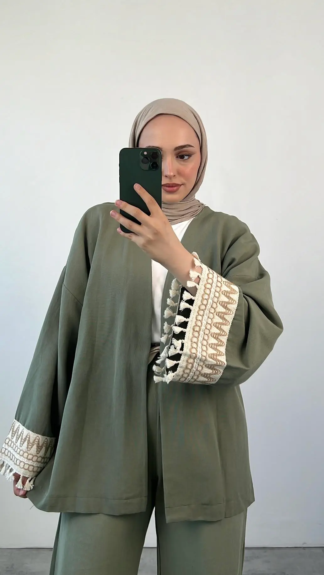 Kol Detay Kimonolu Keten Takım Yeşil - Görsel 2