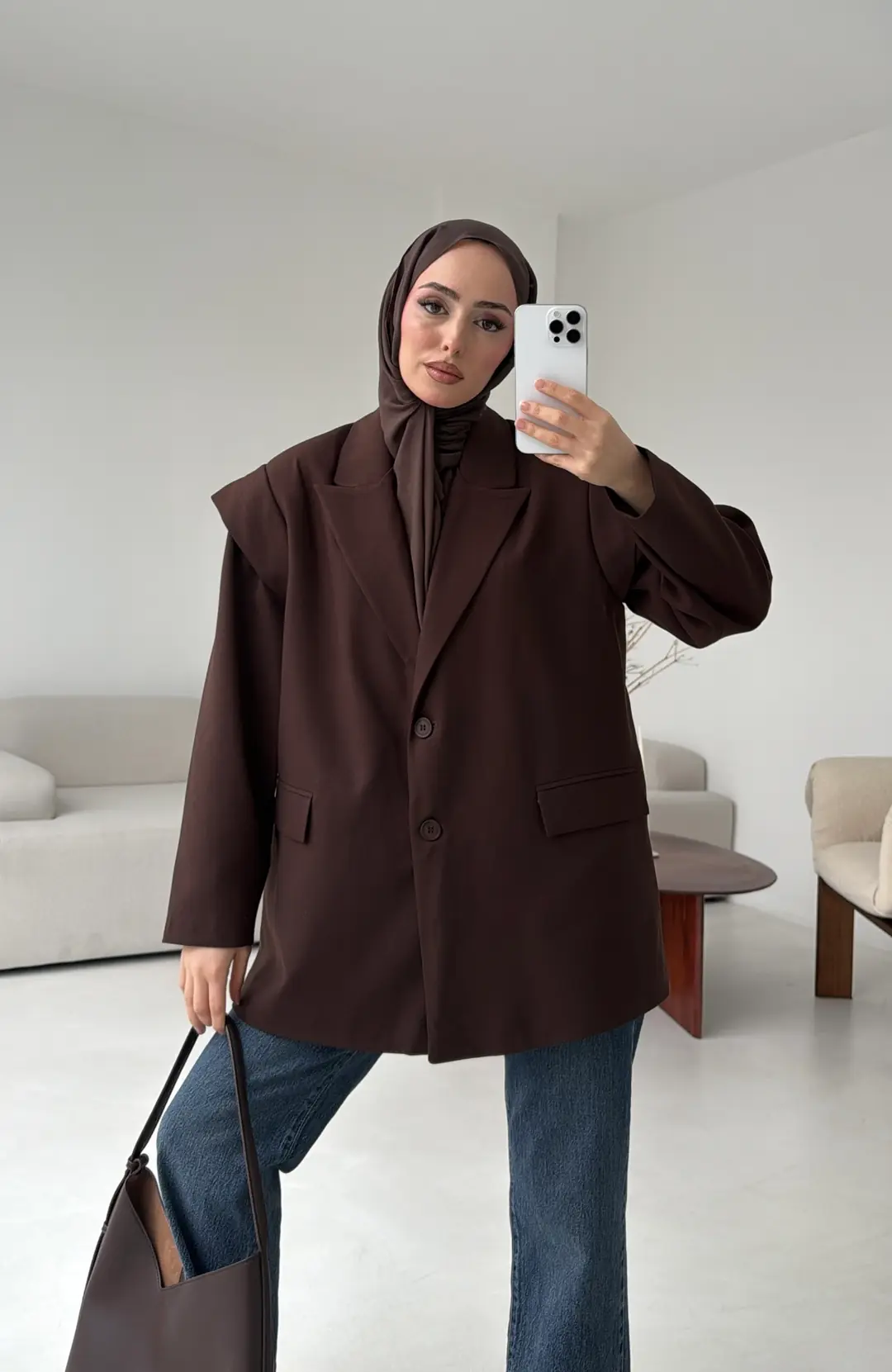 Kol Detay Oversize Ceket Kahve