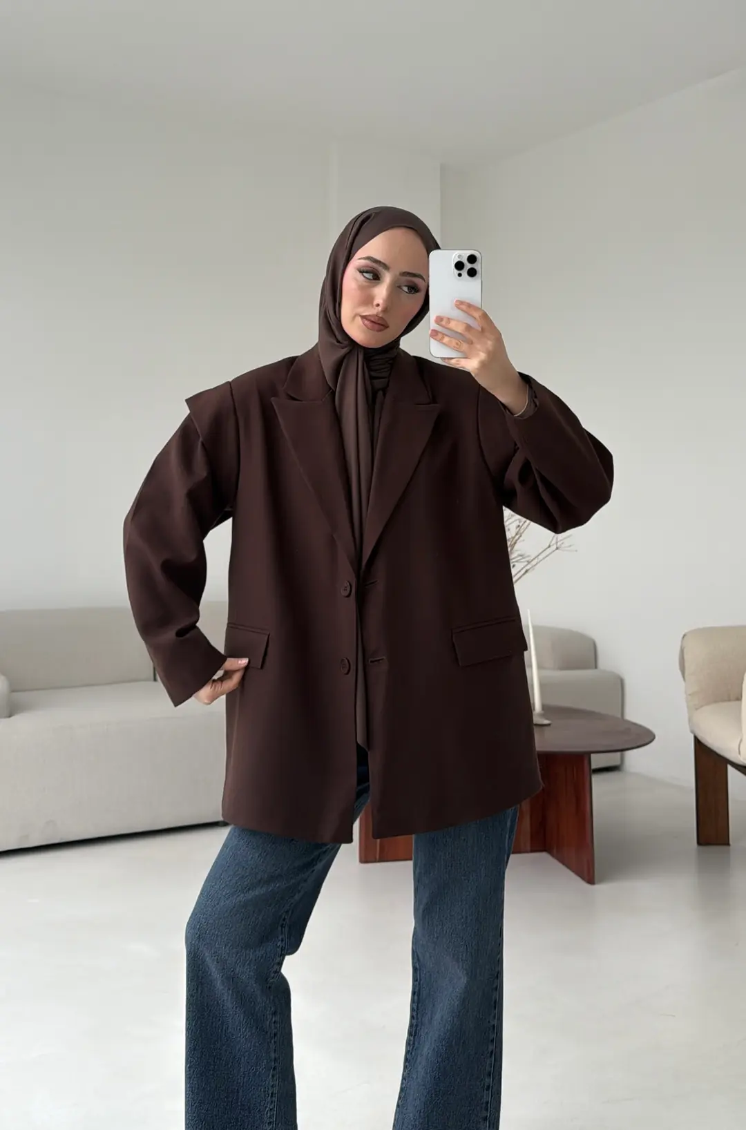 Kol Detay Oversize Ceket Kahve - Görsel 5