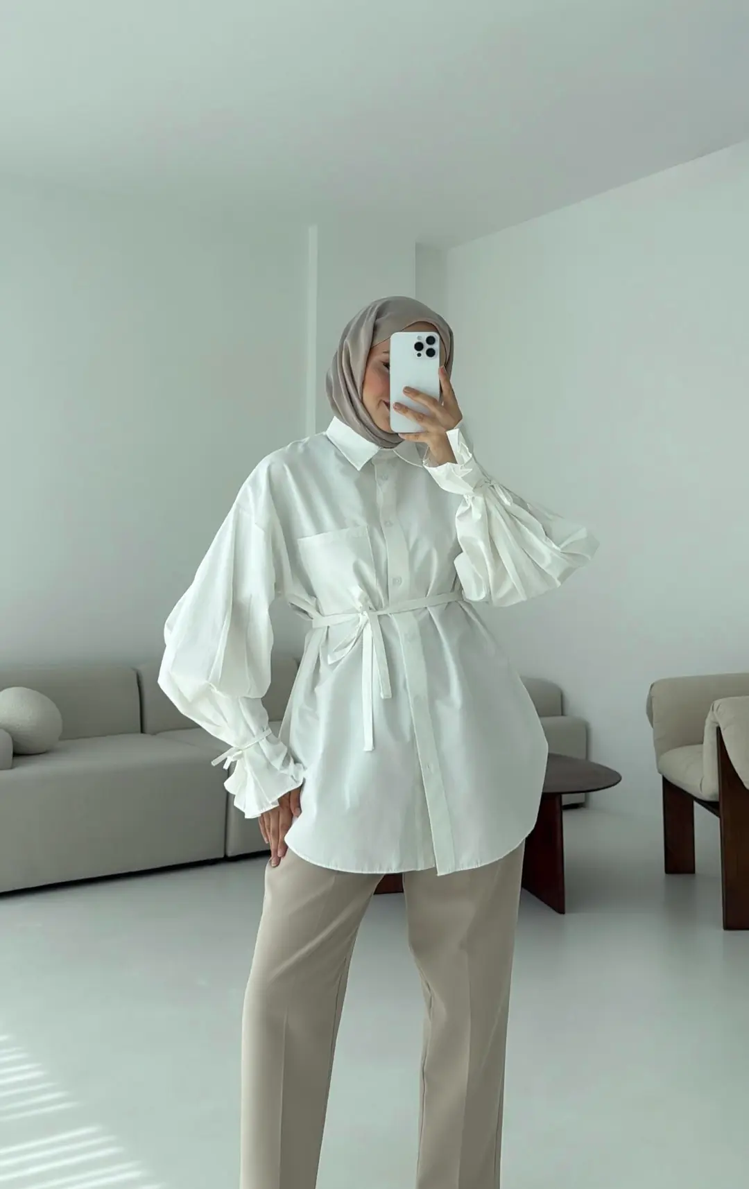 Kol Detay Tasarım Gömlek Beyaz - Görsel 7