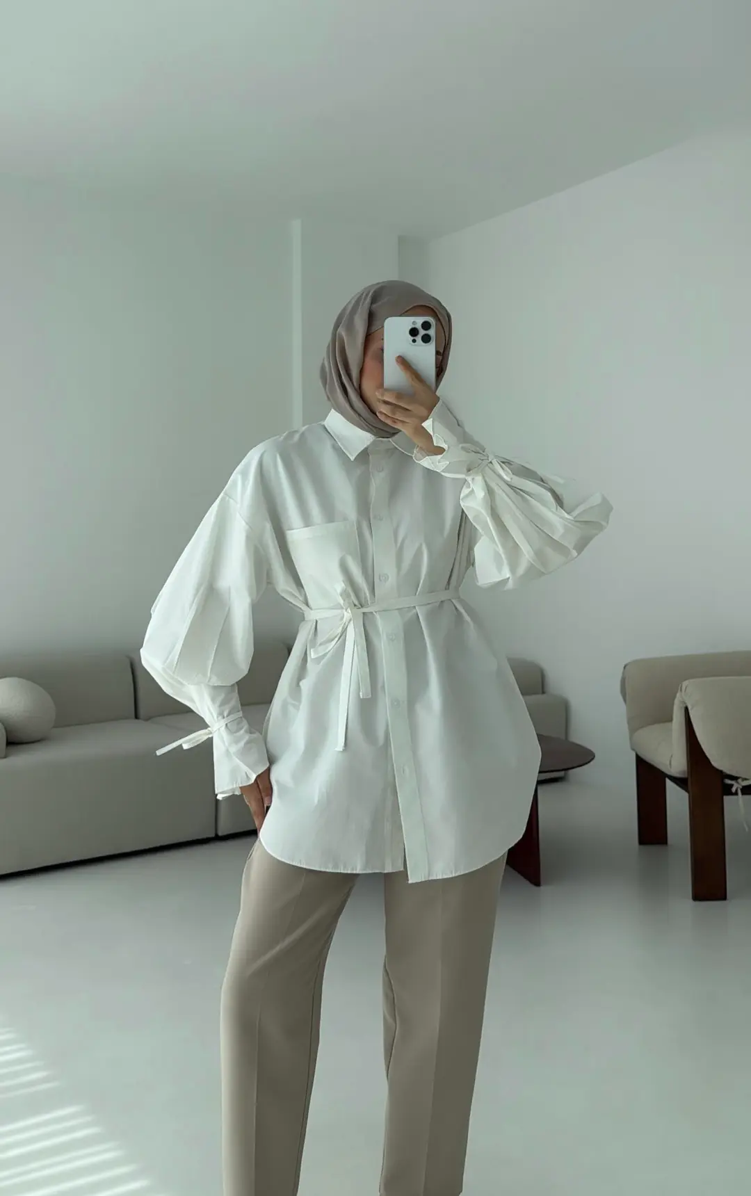 Kol Detay Tasarım Gömlek Beyaz - Görsel 8