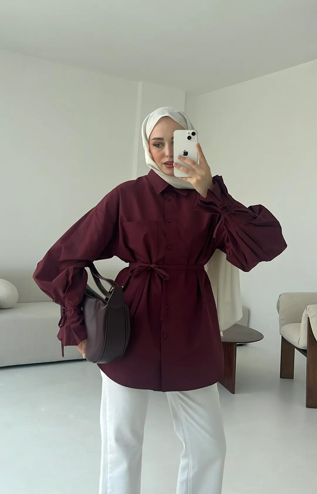 Kol Detay Tasarım Gömlek Bordo - Görsel 2