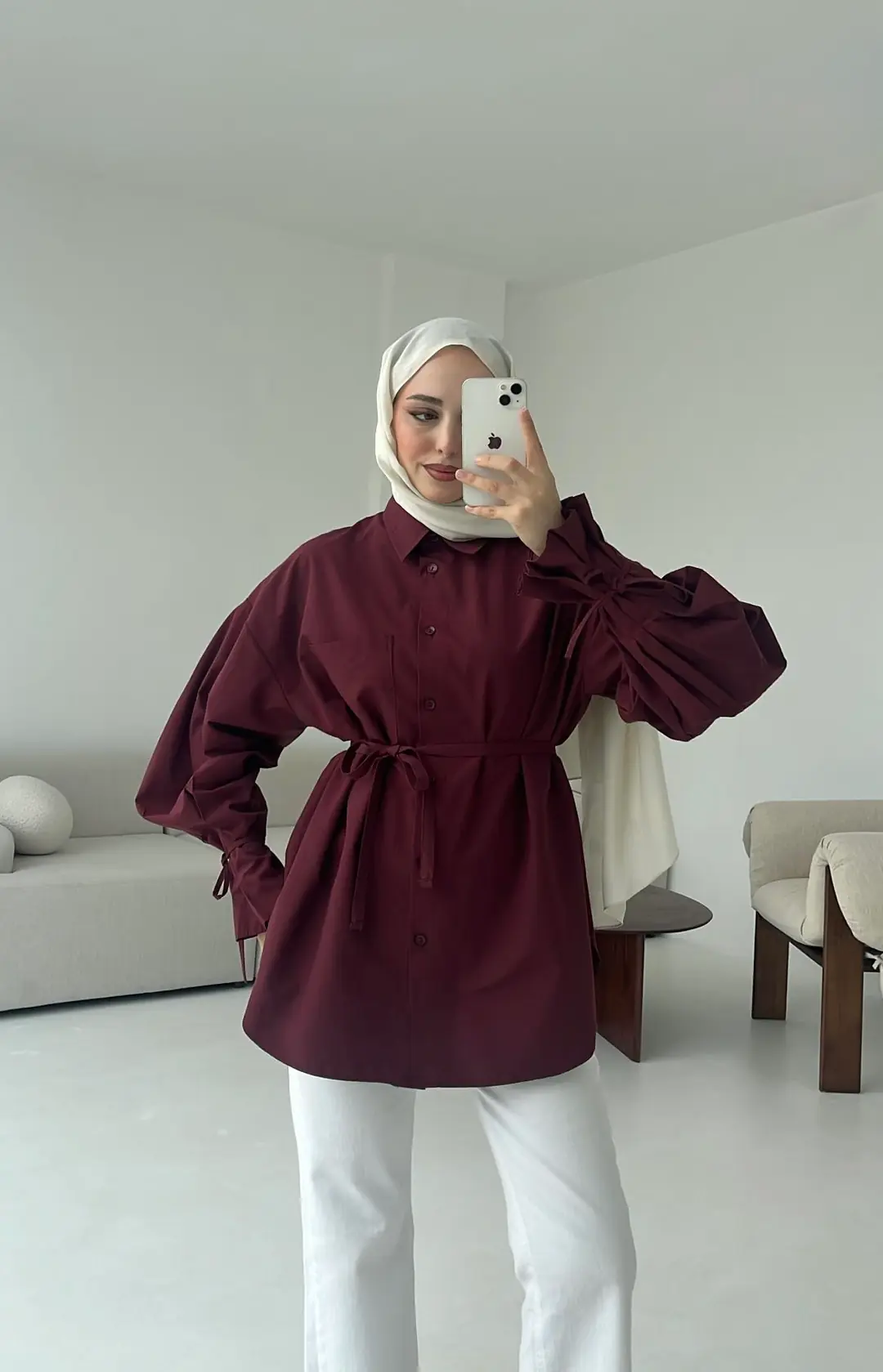 Kol Detay Tasarım Gömlek Bordo - Görsel 3