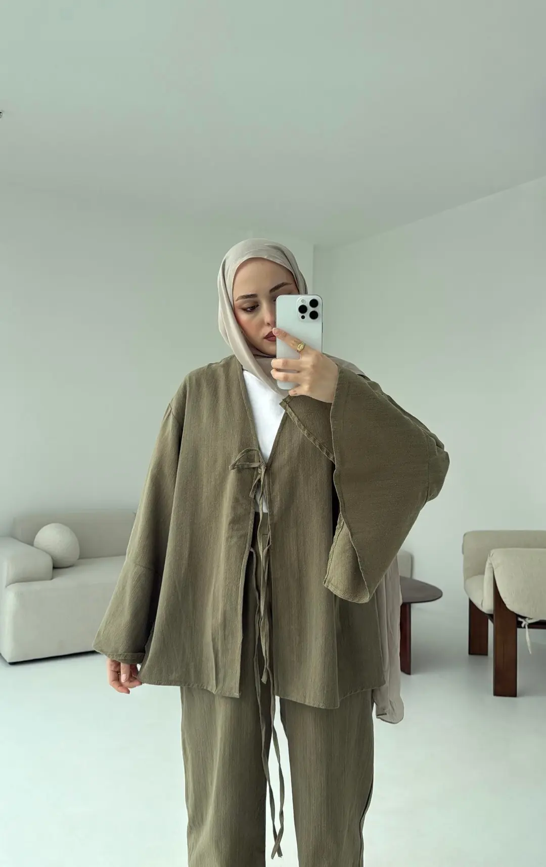 Kol Detaylı Kimono Keten Takım Haki