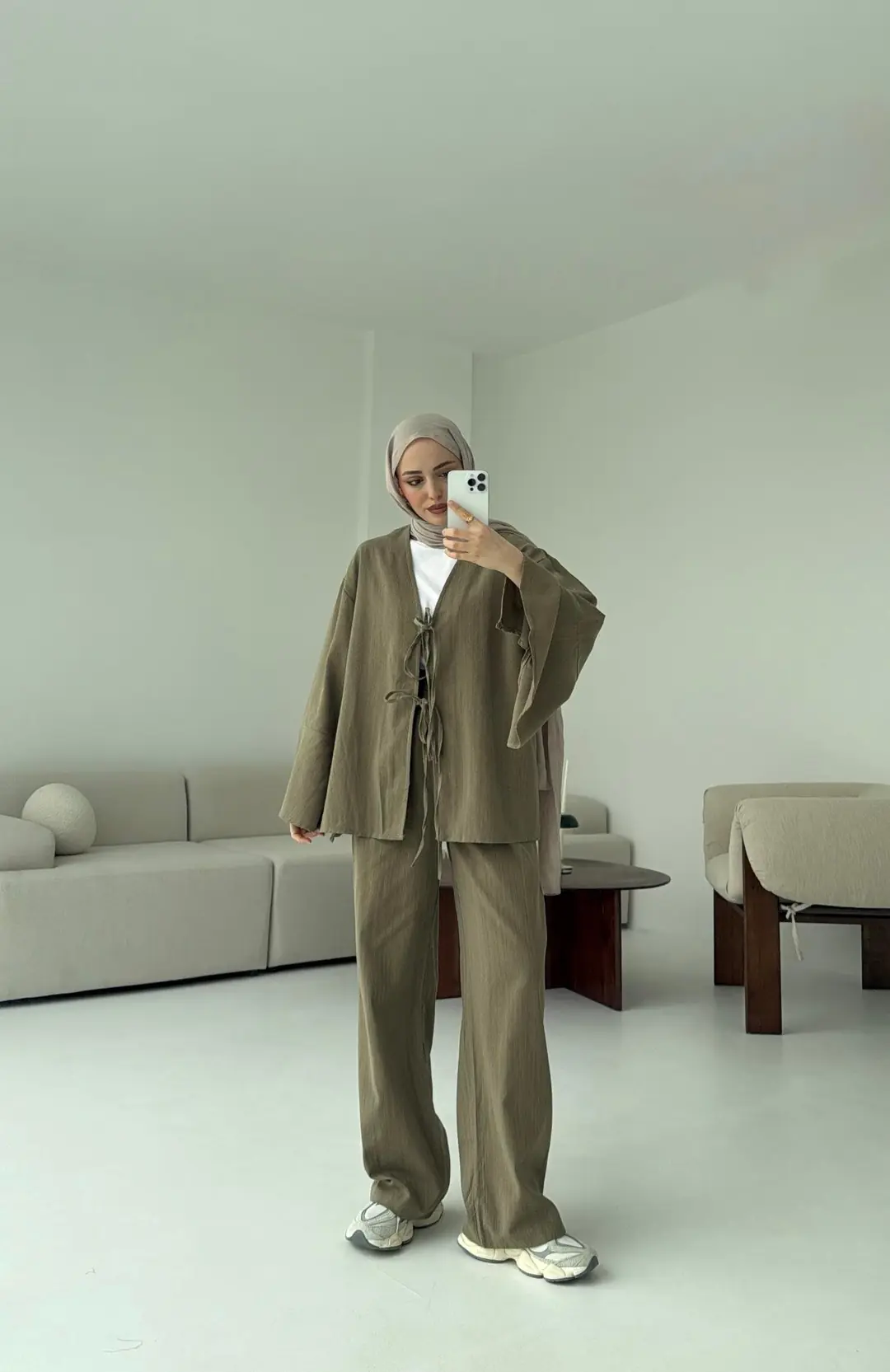 Kol Detaylı Kimono Keten Takım Haki - Görsel 3