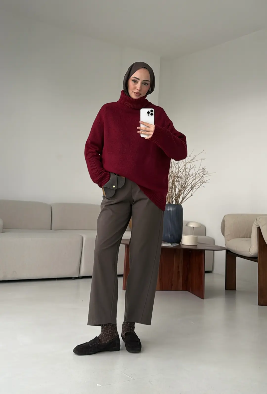 Kol Ortası Fitilli Kazak Bordo - Görsel 8