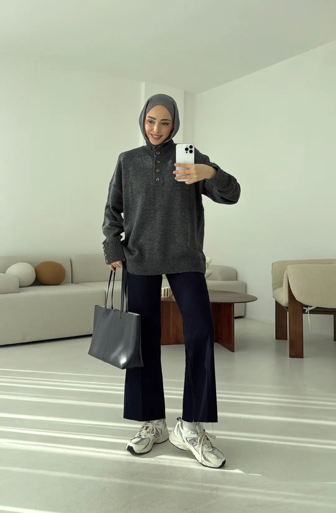 Kolları Düğme Detay Triko Kazak Antrasit - Görsel 4