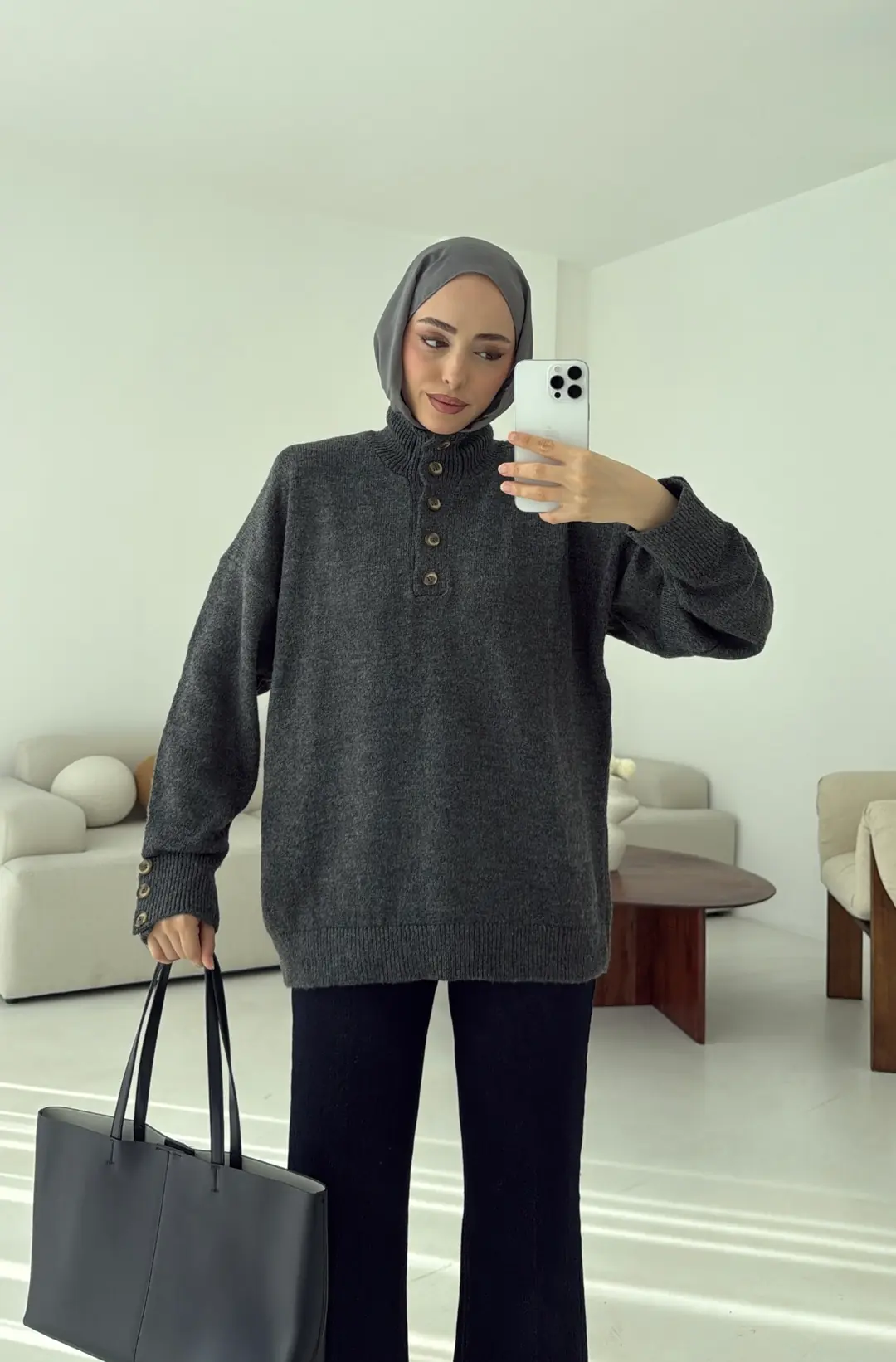 Kolları Düğme Detay Triko Kazak Antrasit - Görsel 6