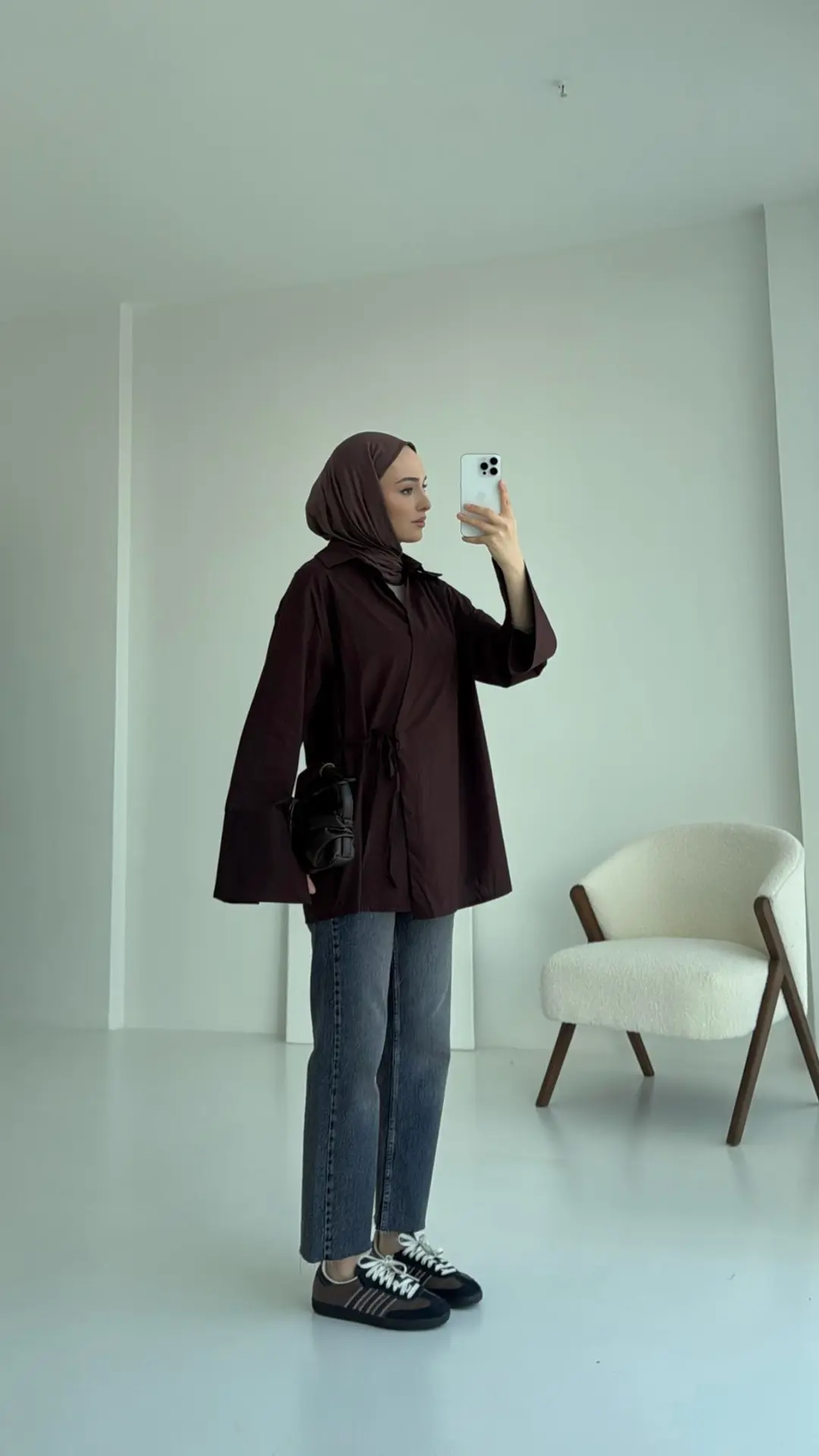 Kolları Yırtmaç Detay Yandan Bağlamalı Gömlek Acı Kahve - Görsel 5