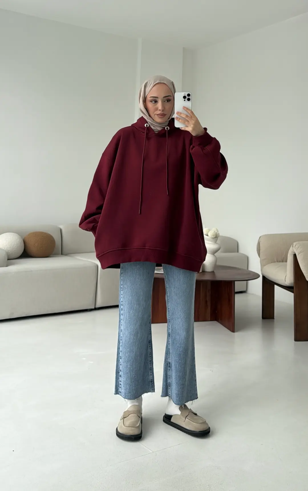 Kolu Pile Detay Oversize Sweatshirt Bordo - Görsel 5
