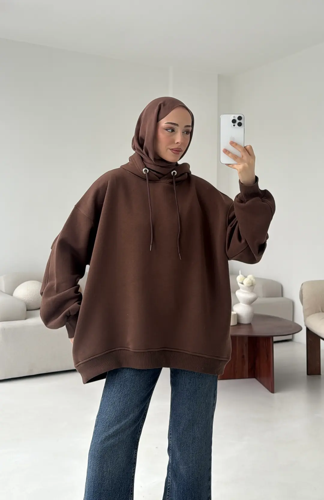 Kolu Pile Detay Oversize Sweatshirt Kahve - Görsel 3