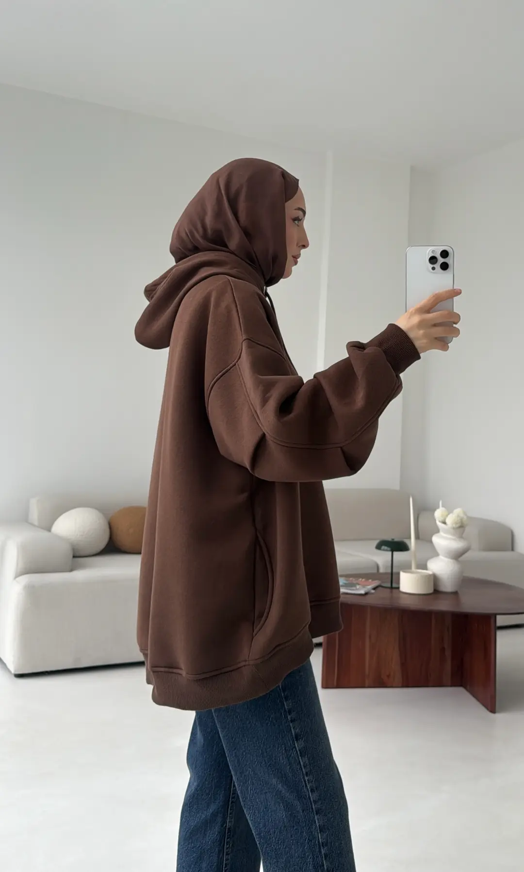 Kolu Pile Detay Oversize Sweatshirt Kahve - Görsel 4