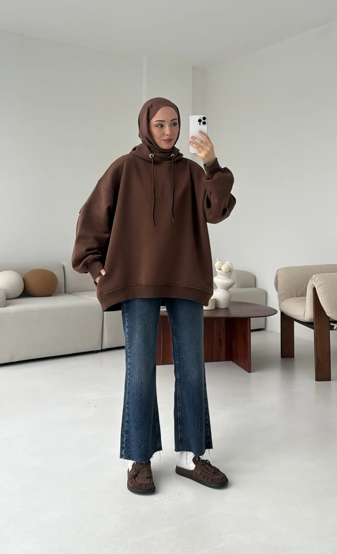 Kolu Pile Detay Oversize Sweatshirt Kahve - Görsel 6