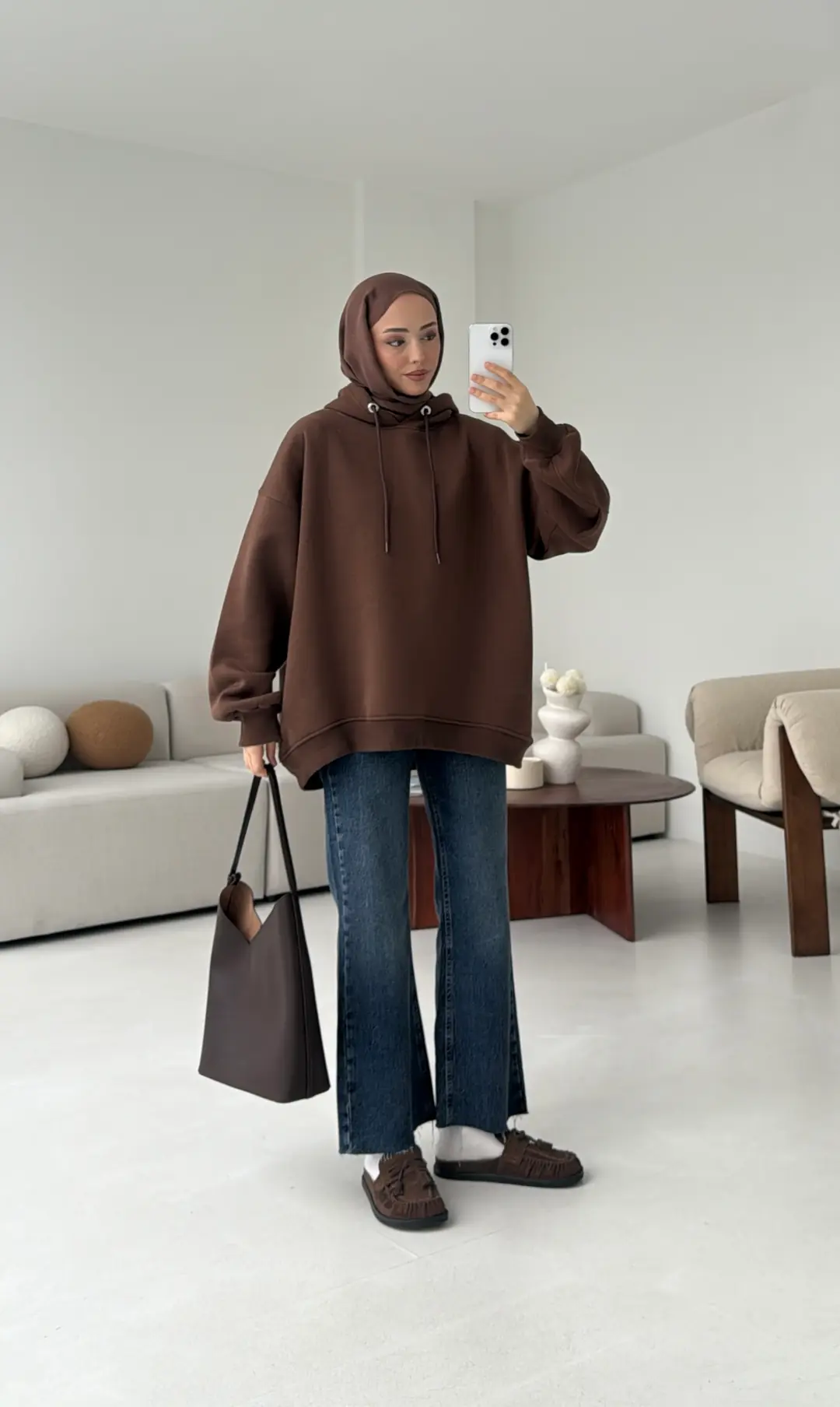 Kolu Pile Detay Oversize Sweatshirt Kahve - Görsel 8